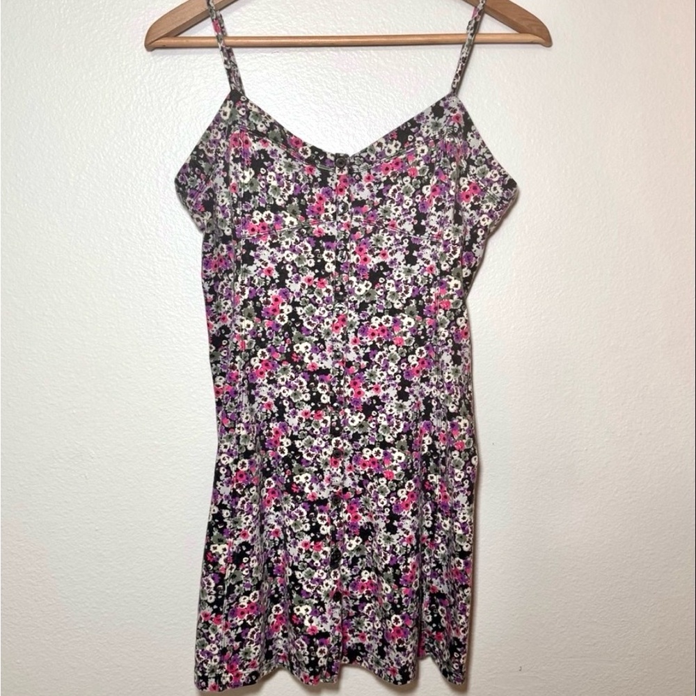 American Eagle Floral Mini Dress Medium Black Button Front Y2K Slip